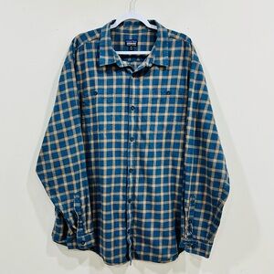 Patagonia Plaid Long Sleeve Organic Cotton Button Shirt XXL Men's Blue Olive